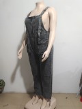 Women's Style Street Pocket Wide Leg Pants Loose Straps Denim Pants