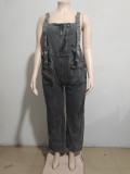 Women's Style Street Pocket Wide Leg Pants Loose Straps Denim Pants