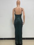 Women's Summer Slit Low Back Dress Sequined Sleeveless Suspender Dress