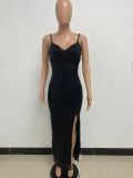 Women's Summer Slit Low Back Dress Sequined Sleeveless Suspender Dress