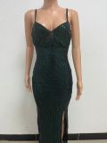 Women's Summer Slit Low Back Dress Sequined Sleeveless Suspender Dress
