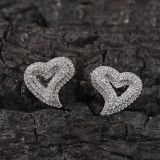 Zircon Hollow Heart Print Earrings Retro Light Luxury Fashion Hip-Hop Stud Earrings Exaggerated Style Earrings
