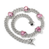 Heart Print Diamond Ladies Necklace Hip Hop 9mm Sweet Pink Zircon Cuban Chain