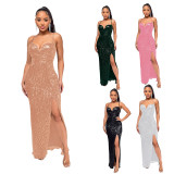 Women's Summer Slit Low Back Dress Sequined Sleeveless Suspender Dress