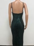 Women's Summer Slit Low Back Dress Sequined Sleeveless Suspender Dress