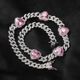 Heart Print Diamond Ladies Necklace Hip Hop 9mm Sweet Pink Zircon Cuban Chain