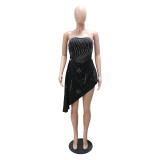 Trendy Strapless Beaded Cropped Dress for Clubbing