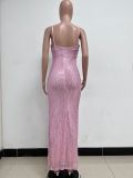 Women's Summer Slit Low Back Dress Sequined Sleeveless Suspender Dress