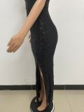 Women's Summer Slit Low Back Dress Sequined Sleeveless Suspender Dress
