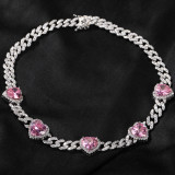 Heart Print Diamond Ladies Necklace Hip Hop 9mm Sweet Pink Zircon Cuban Chain