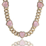 Heart Print Diamond Ladies Necklace Hip Hop 9mm Sweet Pink Zircon Cuban Chain