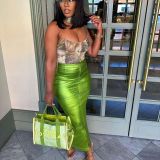 Sexy Bodycon invisible zipper slit skirt leather skirt