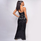 Women's Summer Slit Low Back Dress Sequined Sleeveless Suspender Dress