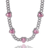 Heart Print Diamond Ladies Necklace Hip Hop 9mm Sweet Pink Zircon Cuban Chain