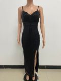 Women's Summer Slit Low Back Dress Sequined Sleeveless Suspender Dress