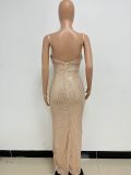Women's Summer Slit Low Back Dress Sequined Sleeveless Suspender Dress