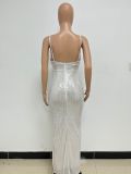 Women's Summer Slit Low Back Dress Sequined Sleeveless Suspender Dress