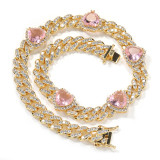Heart Print Diamond Ladies Necklace Hip Hop 9mm Sweet Pink Zircon Cuban Chain