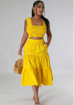 Summer Sexy Suspenders Two-piece Pleated Strapless Top High Waist Trendy Sexy Swing Skirt Set