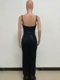 Women's Summer Slit Low Back Dress Sequined Sleeveless Suspender Dress