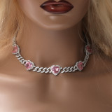 Heart Print Diamond Ladies Necklace Hip Hop 9mm Sweet Pink Zircon Cuban Chain