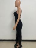 Women's Summer Slit Low Back Dress Sequined Sleeveless Suspender Dress