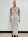 Women's Summer Slit Low Back Dress Sequined Sleeveless Suspender Dress