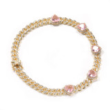 Heart Print Diamond Ladies Necklace Hip Hop 9mm Sweet Pink Zircon Cuban Chain