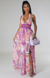 summer women's fashion Sexy Halter backless pirnt maxi dress