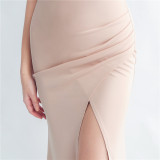 Feather Beaded straps Side Slit formal party Evening Dress