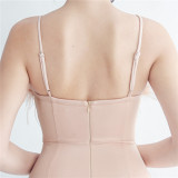 Feather Beaded straps Side Slit formal party Evening Dress