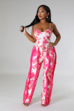 Women's Two-piece Pants V-Neck One-Piece bodysuit Top Sexy Tie-Dye Tassel Trousers Set