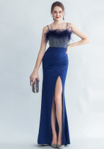 Feather Beaded straps Side Slit formal party Evening Dress