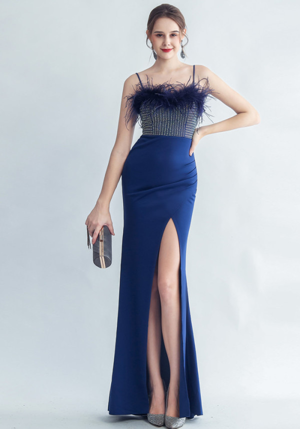 Feather Beaded straps Side Slit formal party Evening Dress