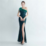 Feather beaded Slash Shoulder formal Party evening dress