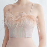Feather Beaded straps Side Slit formal party Evening Dress