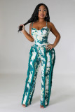 Women's Two-piece Pants V-Neck One-Piece bodysuit Top Sexy Tie-Dye Tassel Trousers Set