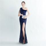 Feather beaded Slash Shoulder formal Party evening dress