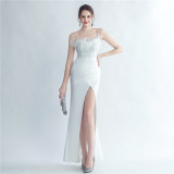 Feather Beaded straps Side Slit formal party Evening Dress
