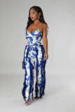 Women's Two-piece Pants V-Neck One-Piece bodysuit Top Sexy Tie-Dye Tassel Trousers Set