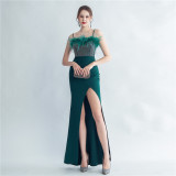 Feather Beaded straps Side Slit formal party Evening Dress