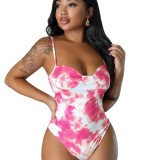 Women's Two-piece Pants V-Neck One-Piece bodysuit Top Sexy Tie-Dye Tassel Trousers Set