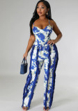 Women's Two-piece Pants V-Neck One-Piece bodysuit Top Sexy Tie-Dye Tassel Trousers Set