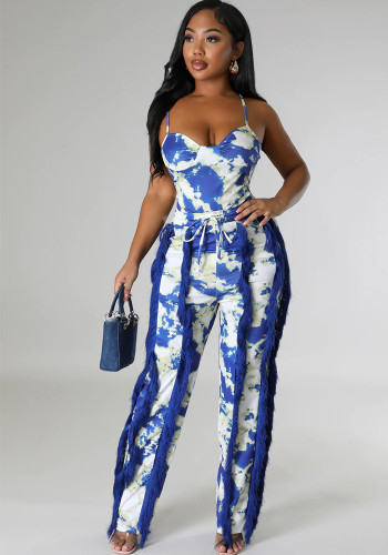 Women's Two-piece Pants V-Neck One-Piece bodysuit Top Sexy Tie-Dye Tassel Trousers Set