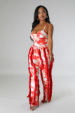 Women's Two-piece Pants V-Neck One-Piece bodysuit Top Sexy Tie-Dye Tassel Trousers Set