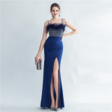 Feather Beaded straps Side Slit formal party Evening Dress