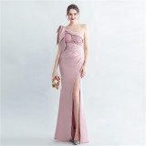 Lace Beaded Slash Shoulder Formal Party Side Slit Evening Gown