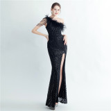 Feather beaded Slash Shoulder formal Party evening dress