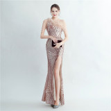 Feather beaded Slash Shoulder formal Party evening dress