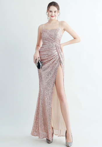 sequin pleated side slit straps long evening dress